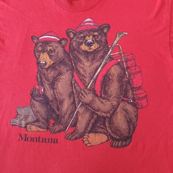 Vintage Shirt XL Unisex Screen Stars 1986 Red Montana Camping Bears T-shirt - Picture 6 of 10